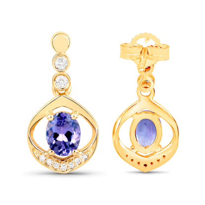 Natural Tanzanite Earrings With Diamonds 0.72 Carats 14K Yellow Gold