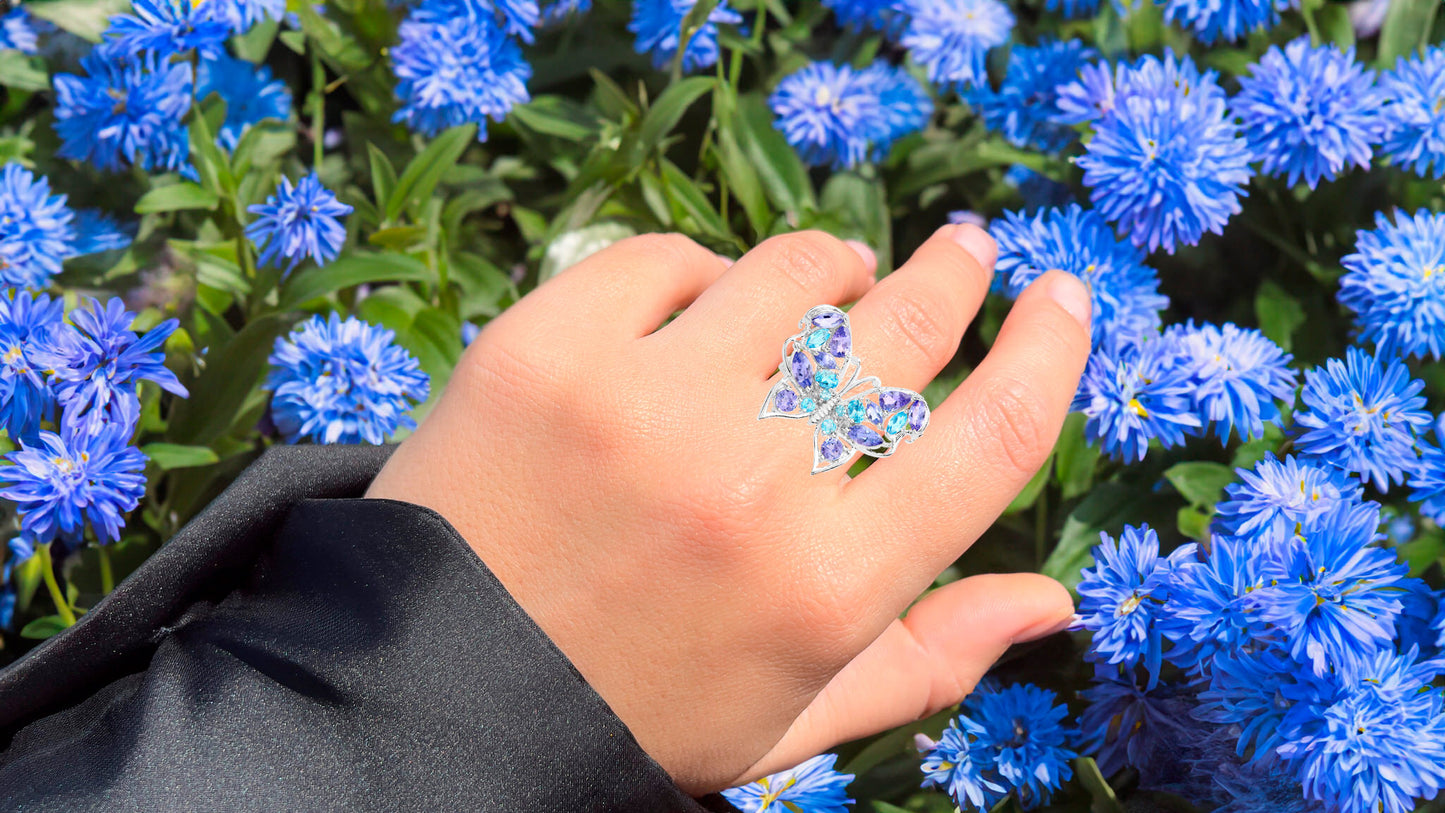 Butterfly Cocktail Ring Tanzanite and Swiss Blue Topaz 3.65 Carats