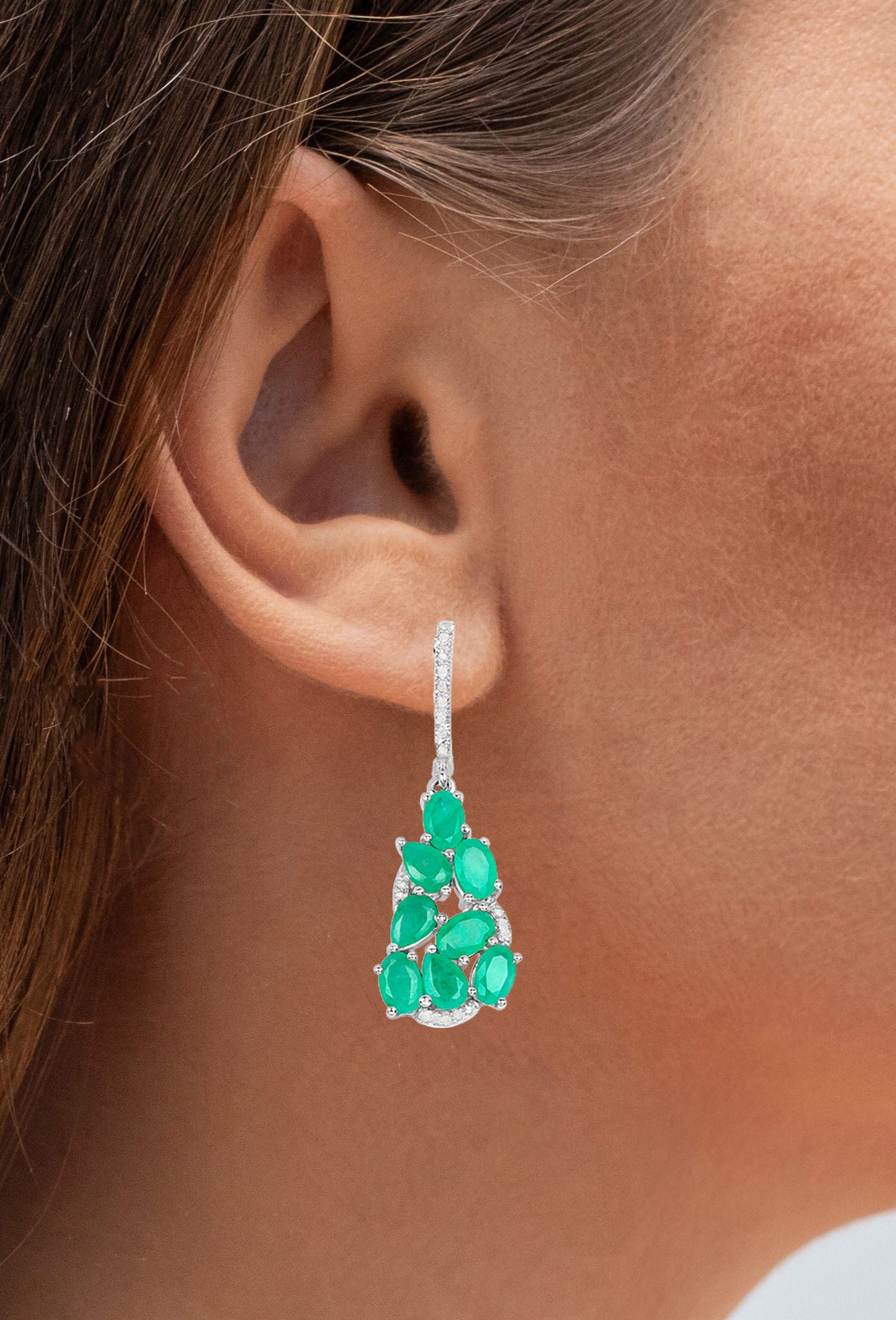 Emerald Dangle Earrings Diamonds 6.6 Carats Silver