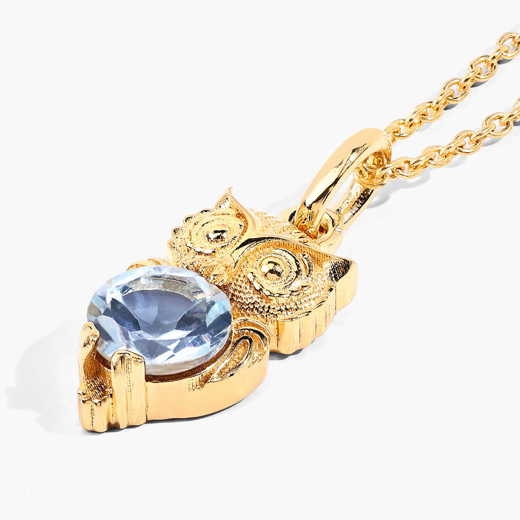 Blue Topaz Owl Pendant 1.04 Carats Gold Plated Silver
