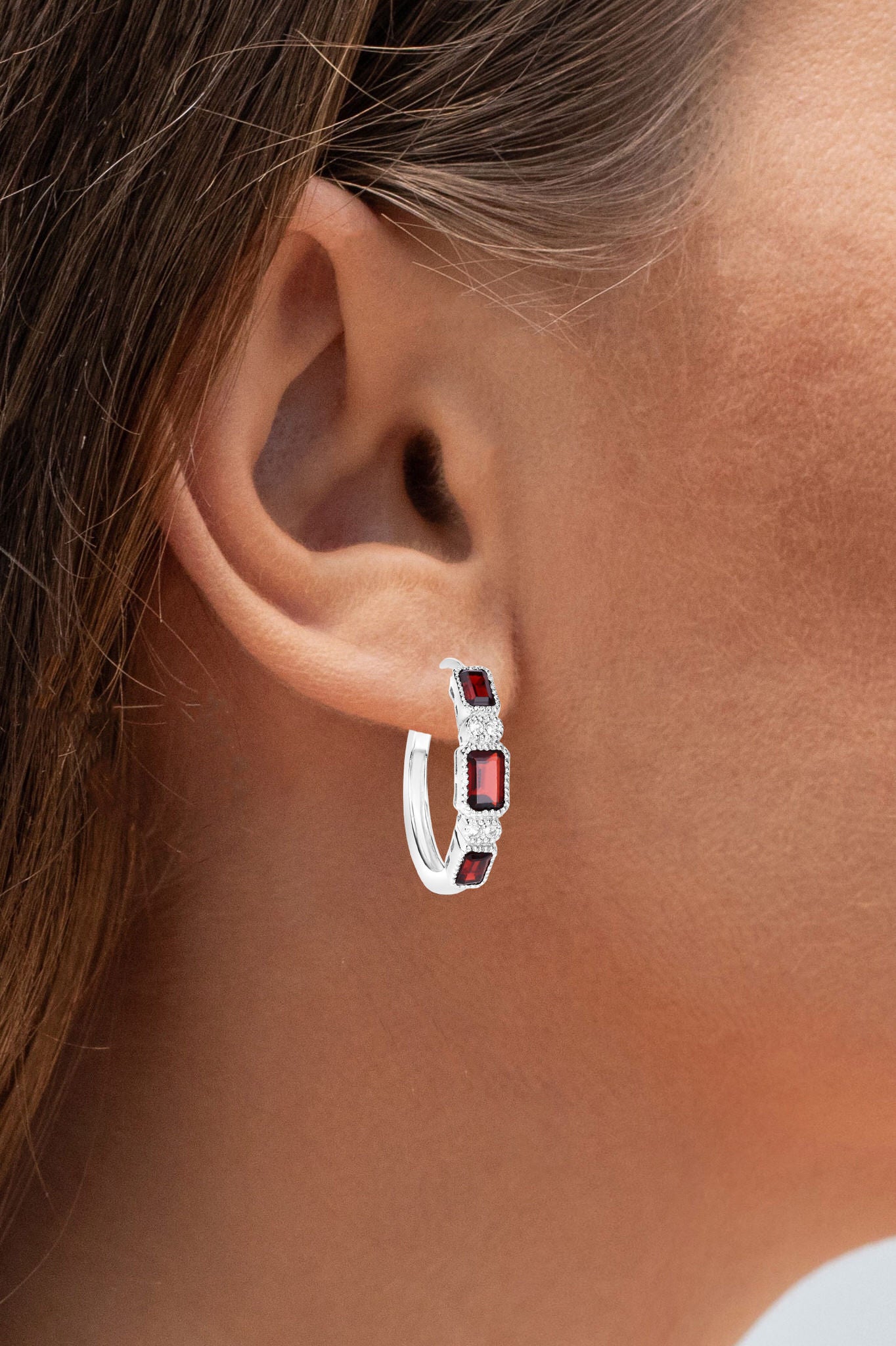 Garnet Hoop Earrings With White Topaz 2.74 Carats Sterling Silver
