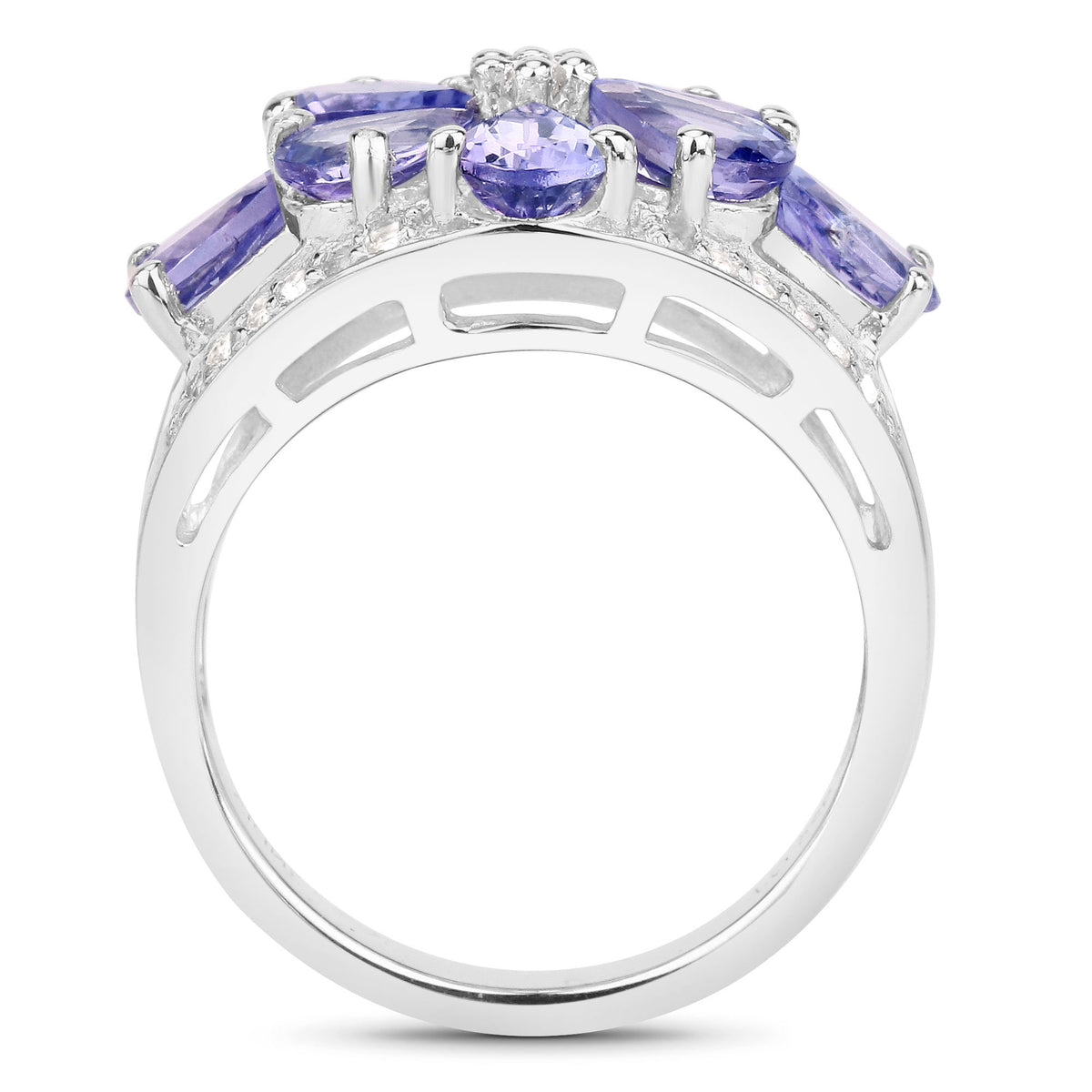 Tanzanite Flower Ring With White Topaz 3.18 Carats Sterling Silver