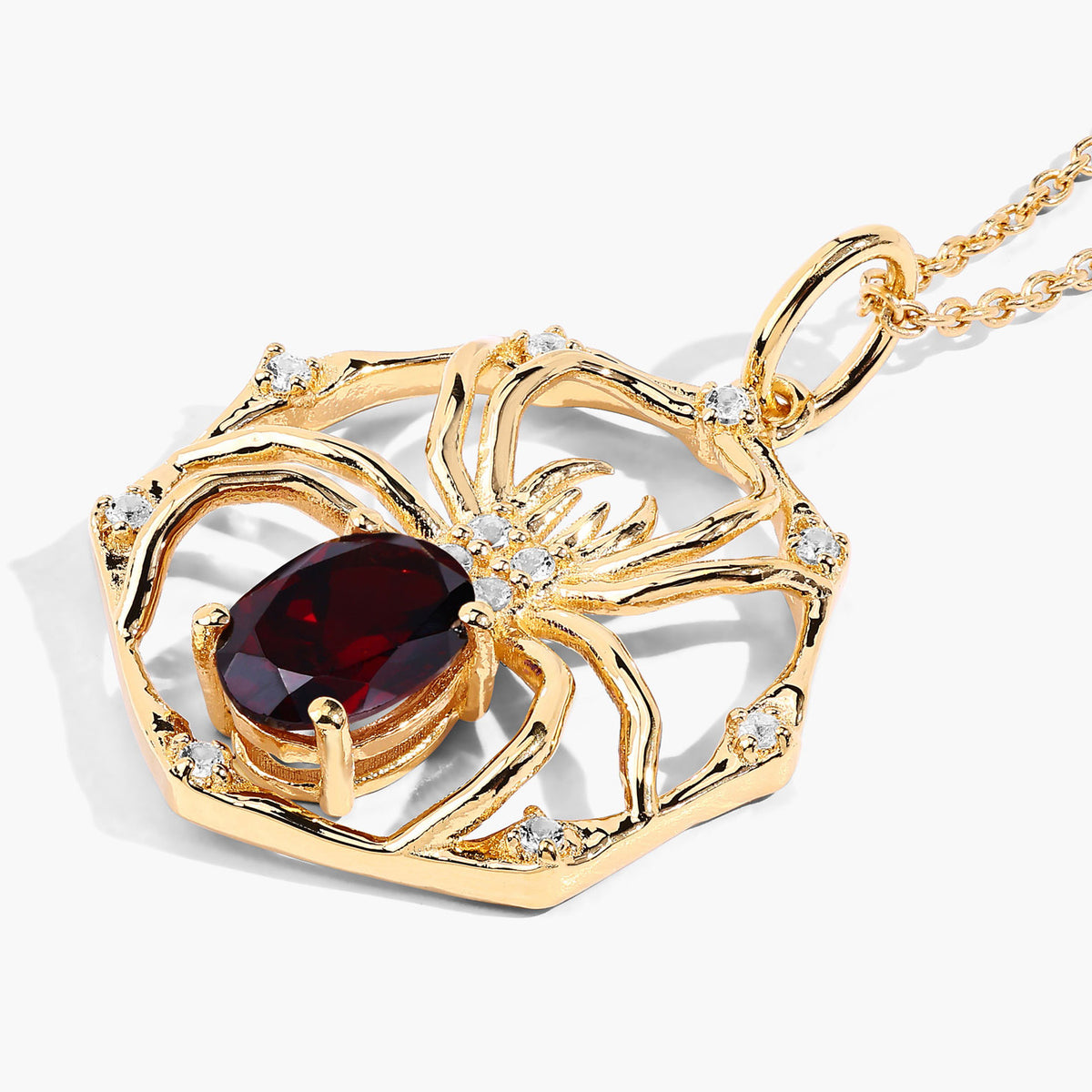 Garnet Spider Pendant With White Topaz 1.4 Carats Gold Plated Silver