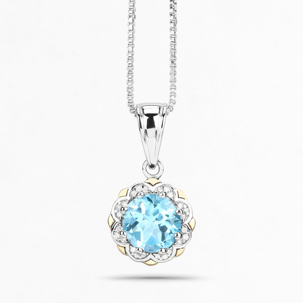Swiss Blue Topaz Pendant With Diamonds 2.3 Carats 14K Gold and Sterling Silver