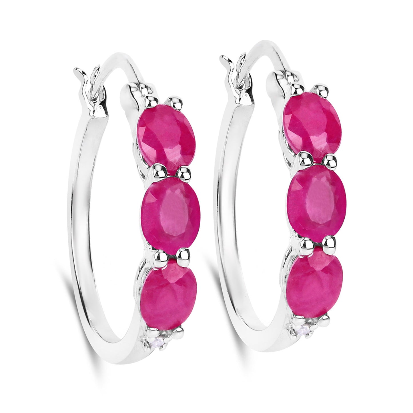 Natural Ruby Hoop Earrings With Diamonds 1.79 Carats Sterling Silver