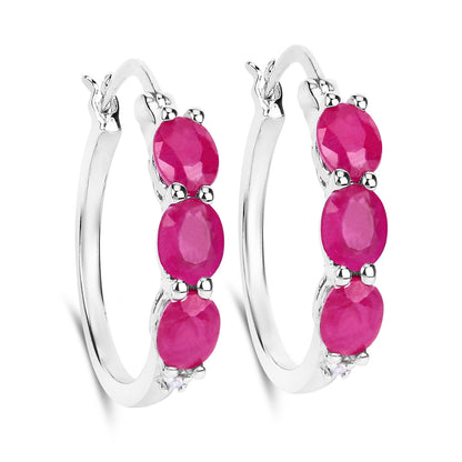 Natural Ruby Hoop Earrings With Diamonds 1.79 Carats Sterling Silver