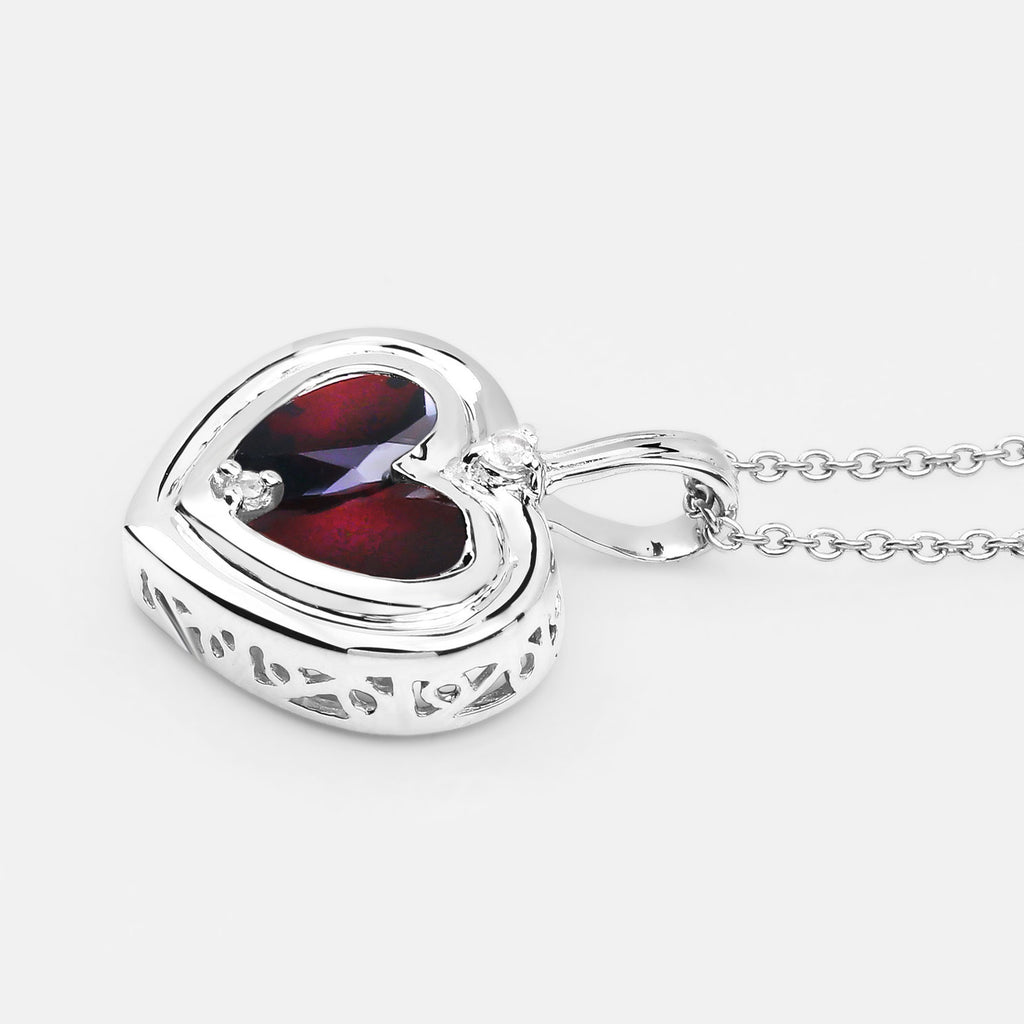Garnet Heart Pendant With White Topaz 2.62 Carats Sterling Silver