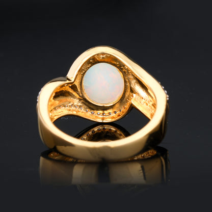 Natural Ethiopian Opal Ring With White Zircon 2.65 Carats Gold Plated Silver