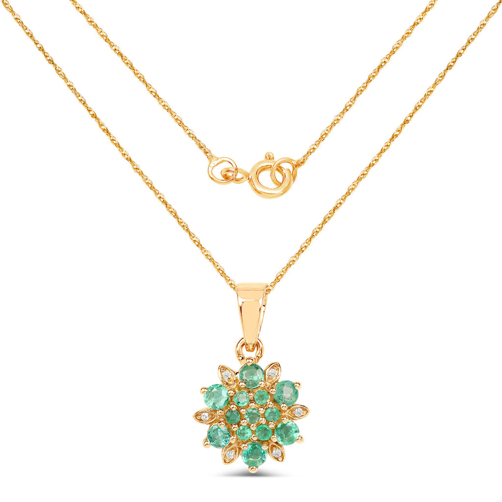Zambian Emerald Flower Pendant With Diamonds 0.68 Carats 14K Yellow Gold
