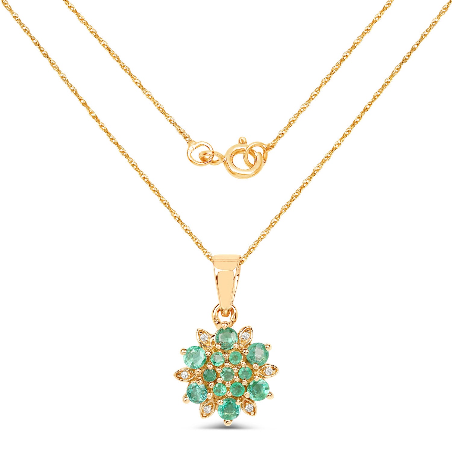 Zambian Emerald Flower Pendant With Diamonds 0.68 Carats 14K Yellow Gold