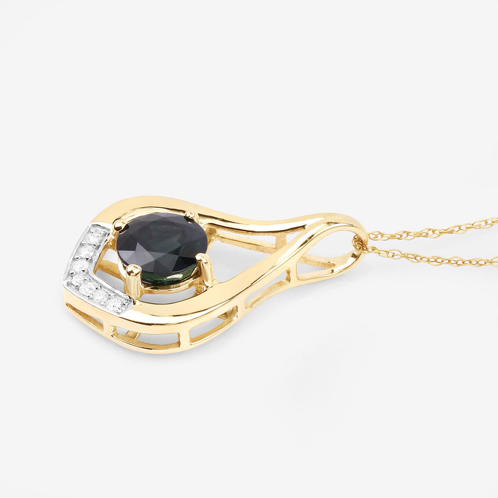 Blue Sapphire Pendant With Diamonds 1.2 Carats 10K Yellow Gold