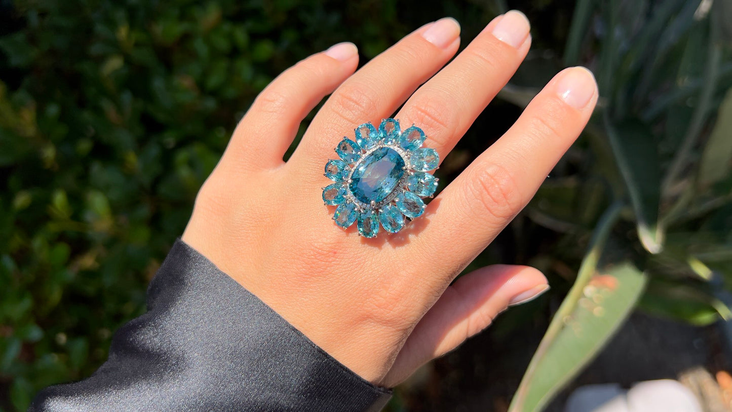 Blue Zircon Cocktail Ring Diamond Halo 30 Carats 14K Gold