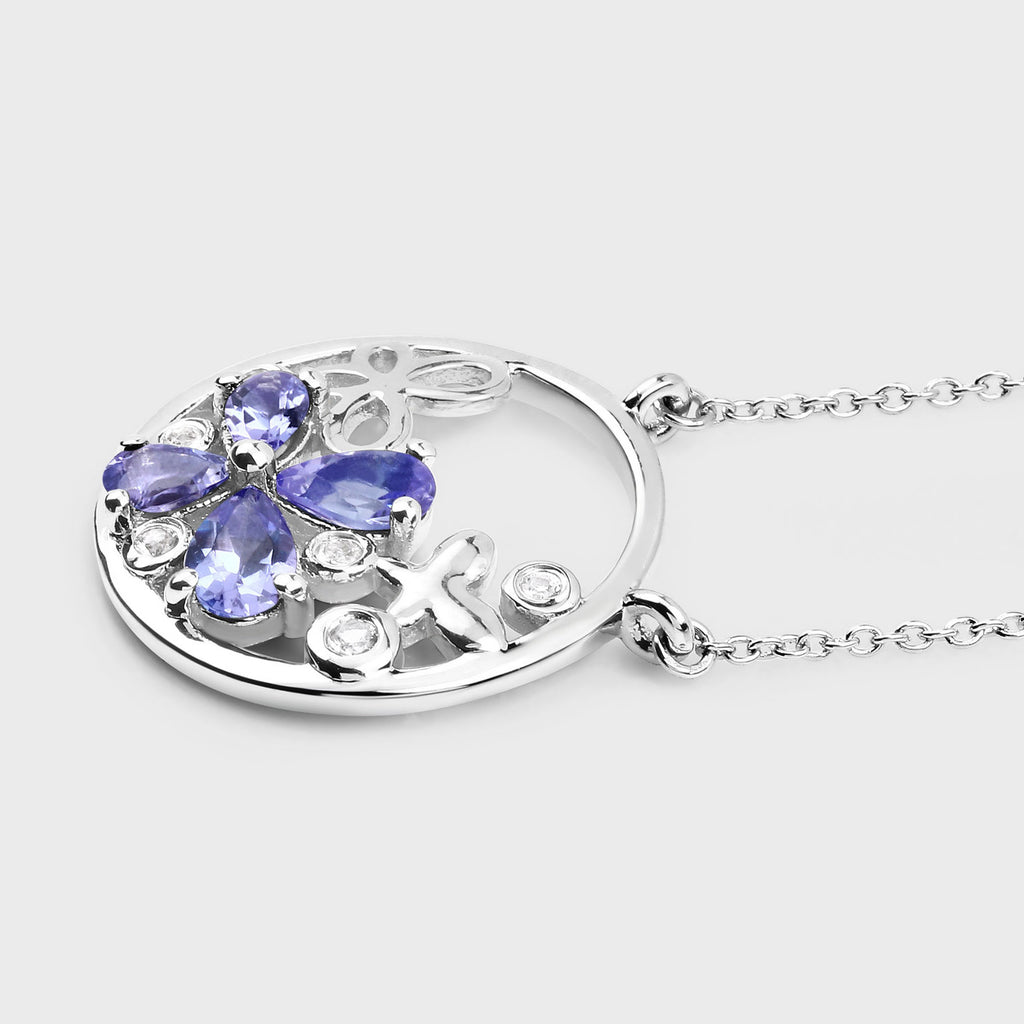Tanzanite Flower Pendant With White Topaz 1.24 Carats Sterling Silver