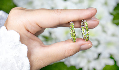 Natural Peridot Hoop Earrings 3.4 Carats Rhodium Plated Silver