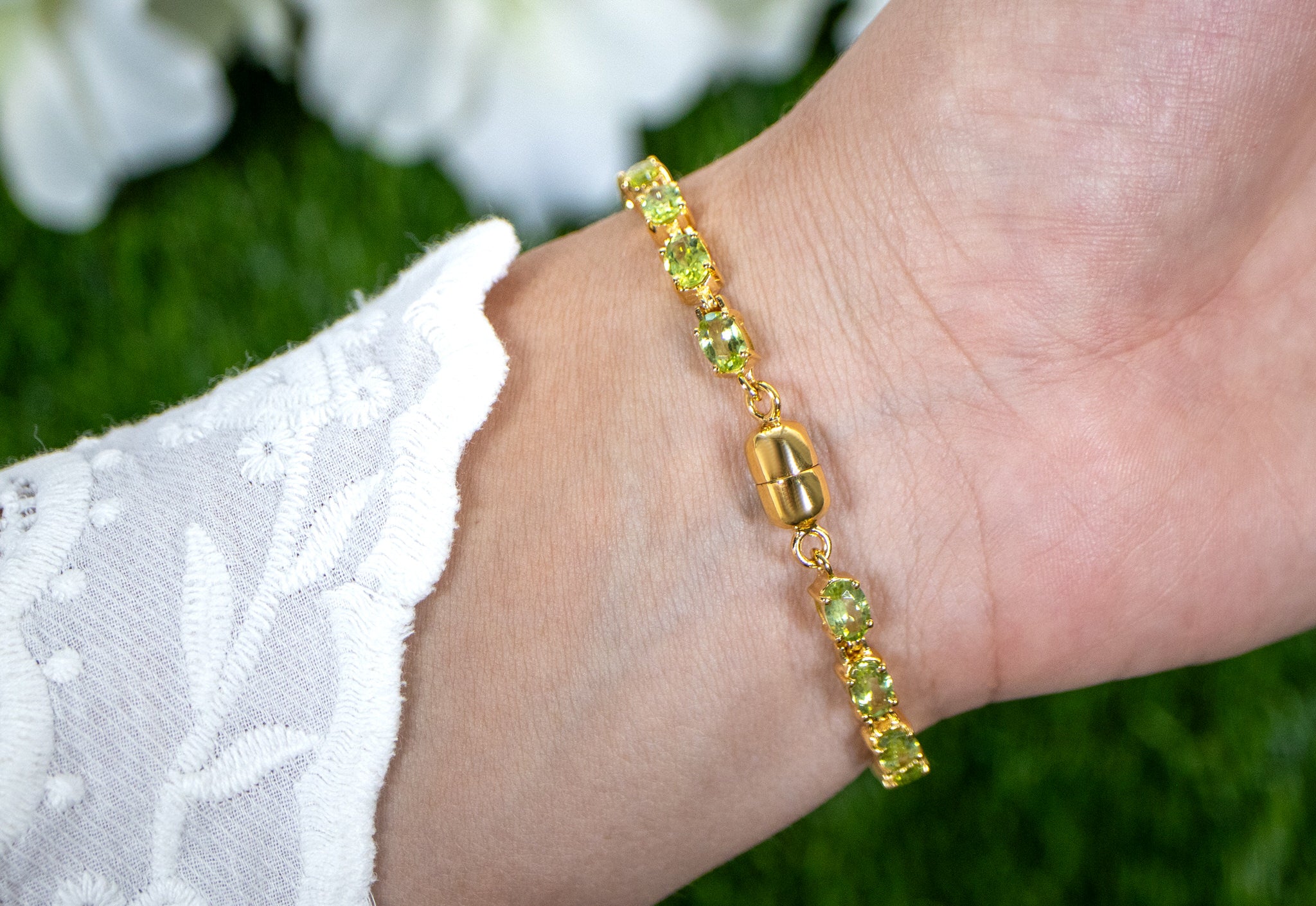 Peridot Tennis Bracelet 9.02 Carats Gold Plated Silver