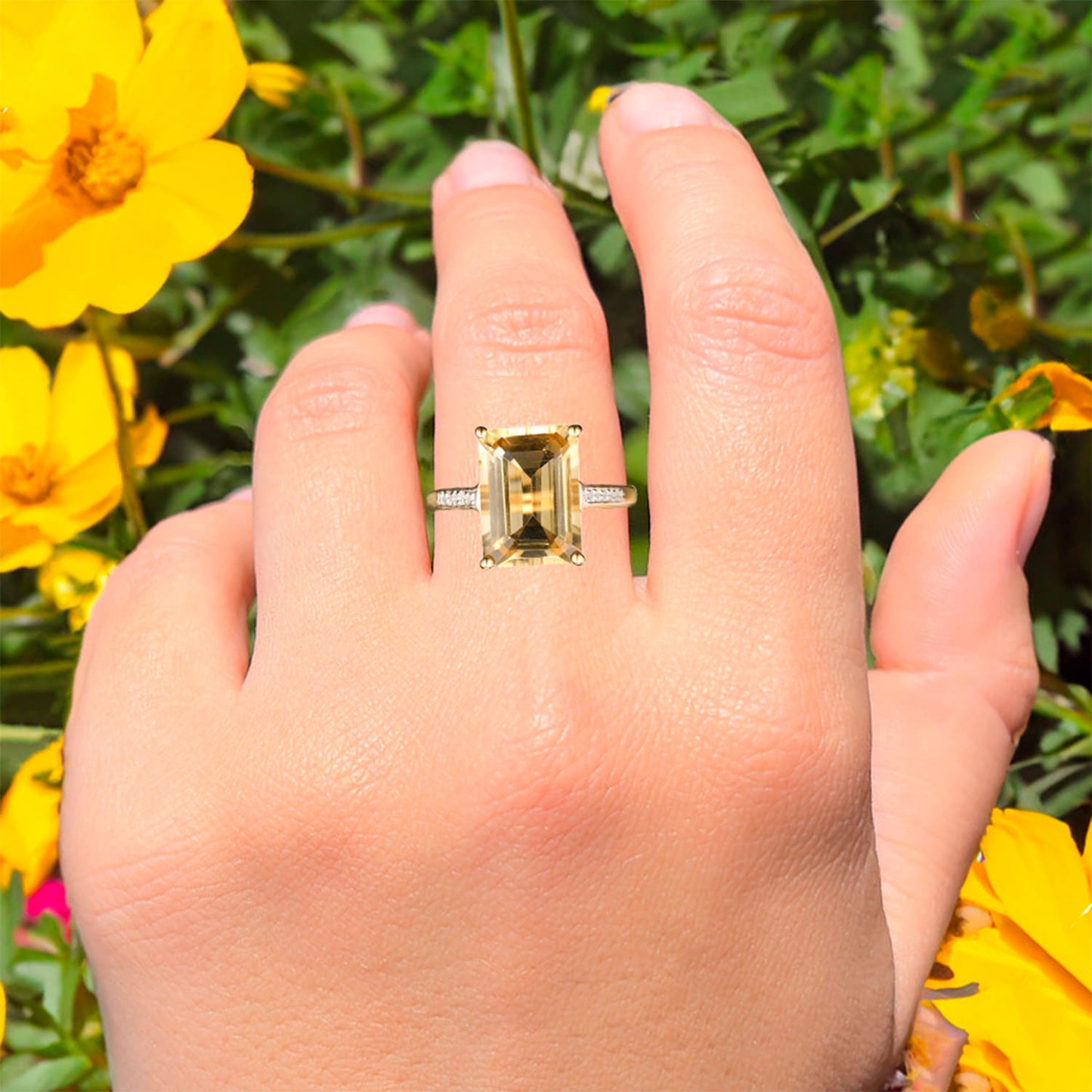 Citrine Ring With White Topaz 6.15 Carats Gold Plated Silver