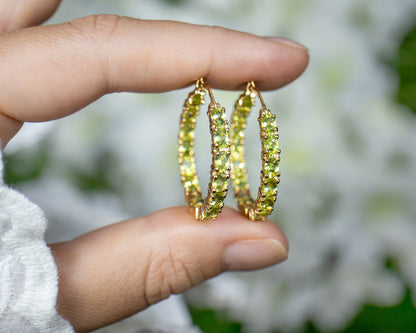 Natural Peridot Hoop Earrings 5.15 Carats 14K Yellow Gold Plated Silver