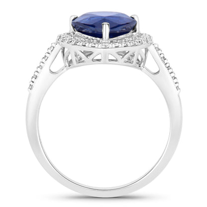 Blue Sapphire Ring With Diamonds 3.44 Carats 18K White Gold