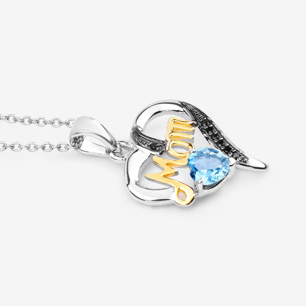 Swiss Blue Topaz Mom Pendant With Black Spinel 0.54 Carats Gold Plated Silver
