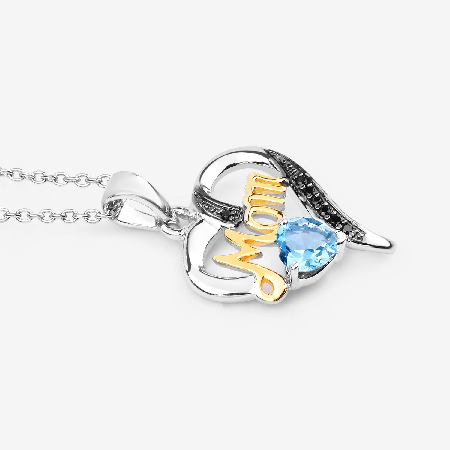 Swiss Blue Topaz Mom Pendant With Black Spinel 0.54 Carats Gold Plated Silver