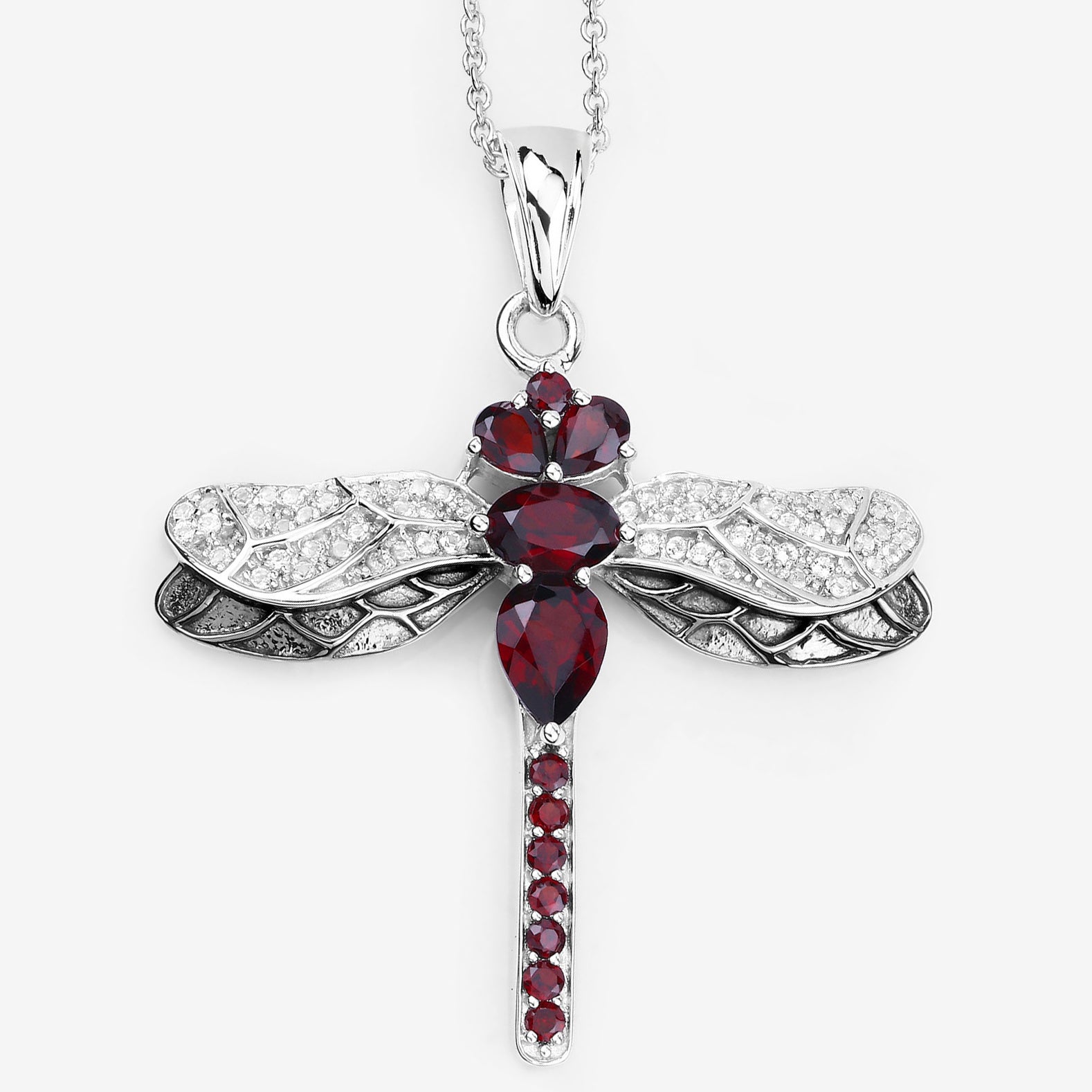 Garnet Dragonfly Pendant With White Topaz 2.2 Carats Sterling Silver