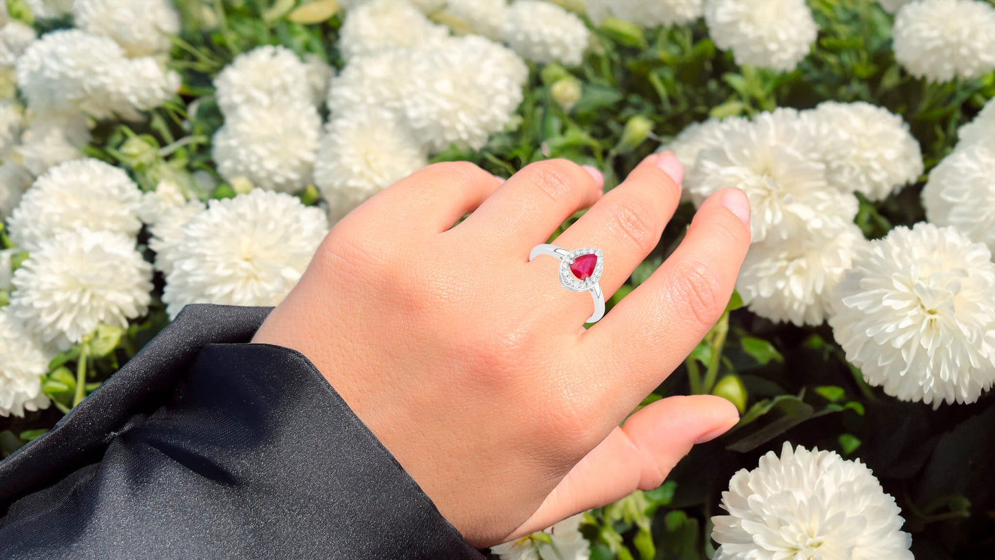 Pear Ruby Ring With Diamonds 0.92 Carats 14K White Gold