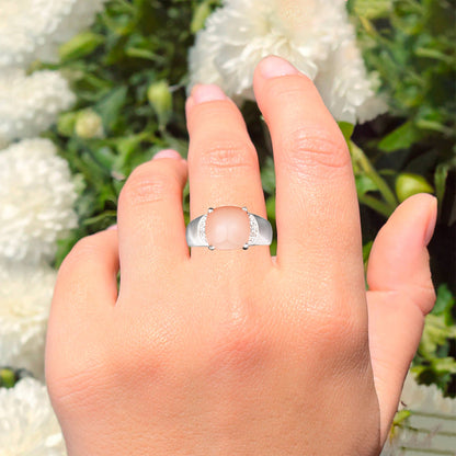 Peach Moonstone Ring With White Topaz 6.47 Carats Sterling Silver