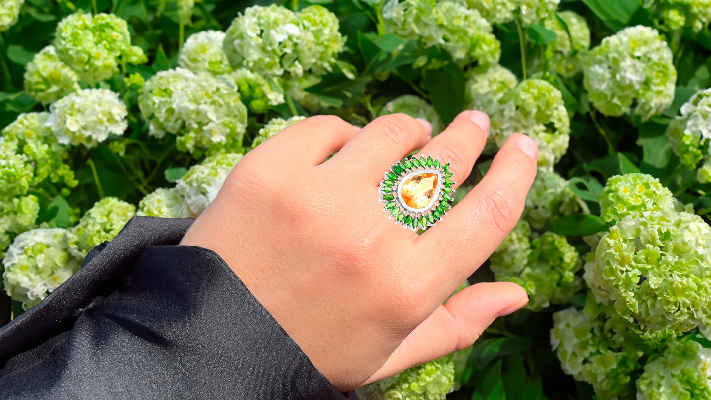 Citrine Cocktail Ring Chrome Diopside Halo 7.05 Carats Sterling Silver