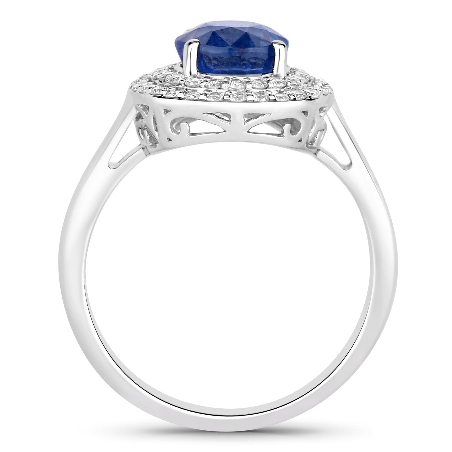 Blue Sapphire Ring With Diamonds 3.42 Carats 18K White Gold