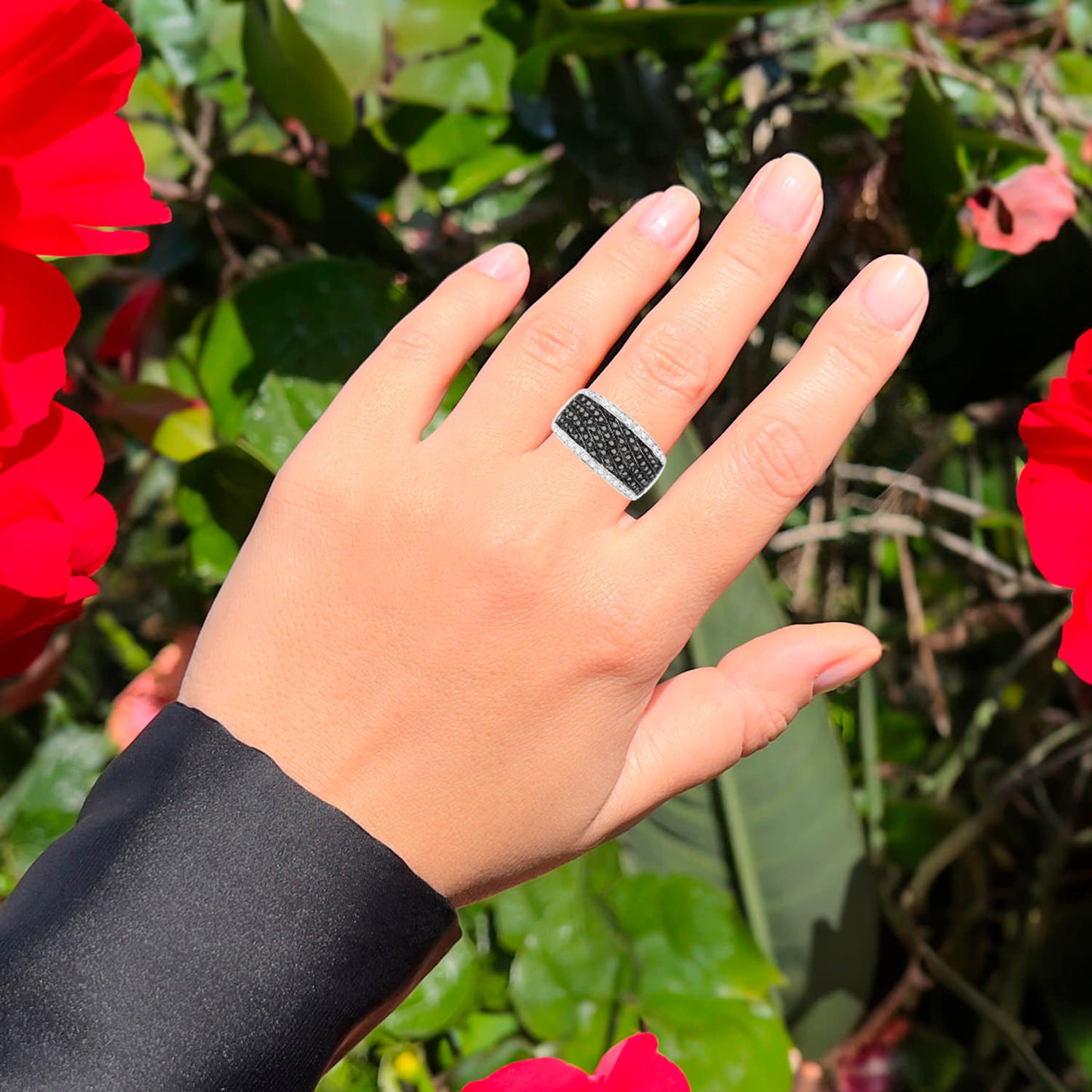 Black Diamond Cluster Ring White Diamonds 0.78 Carats Sterling Silver