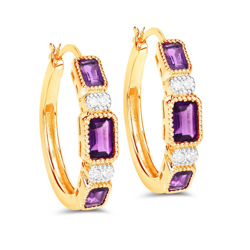 Amethyst Hoop Earrings With White Topaz 2.12 Carats Gold Plated Silver