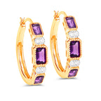 Amethyst Hoop Earrings With White Topaz 2.12 Carats Gold Plated Silver