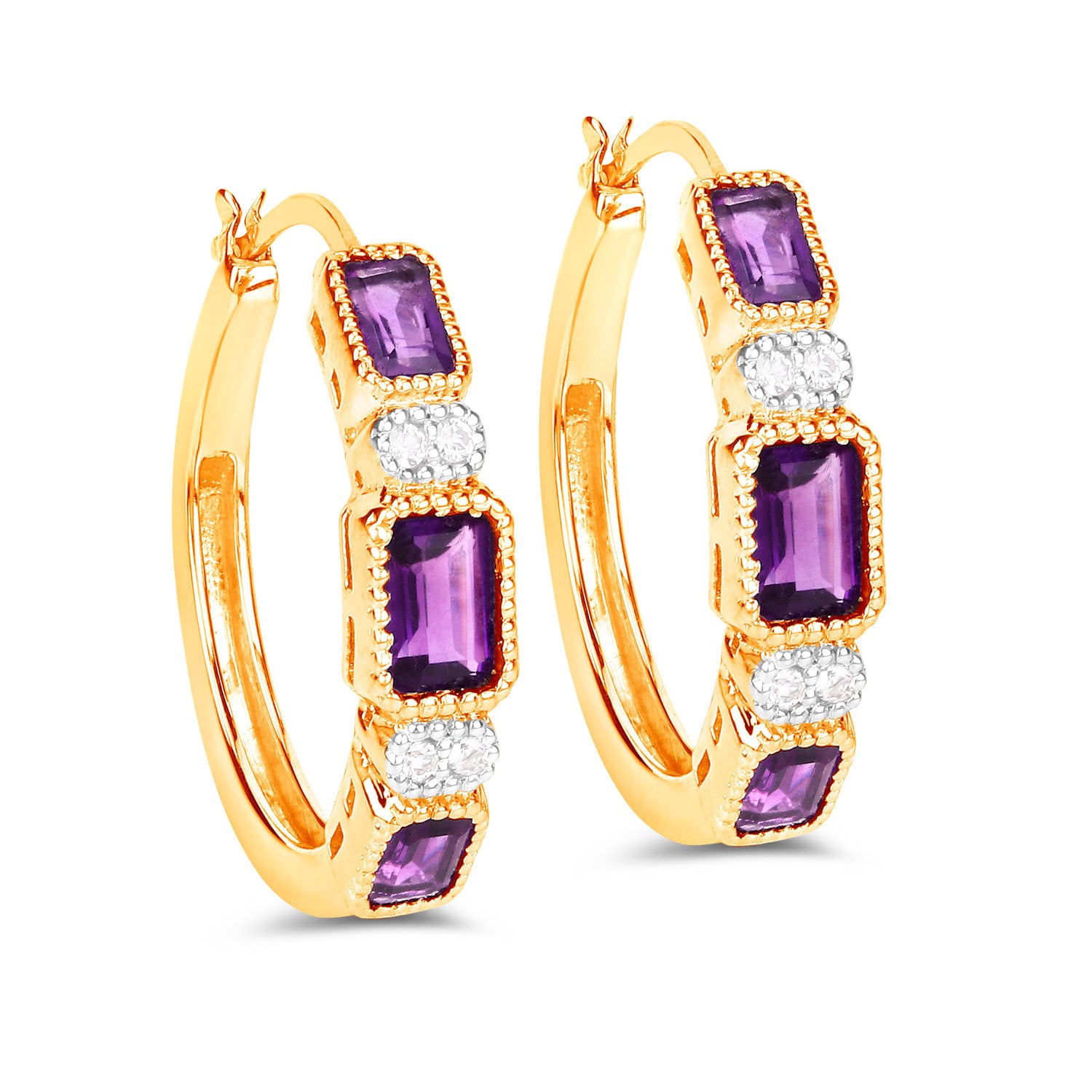 Amethyst Hoop Earrings With White Topaz 2.12 Carats Gold Plated Silver