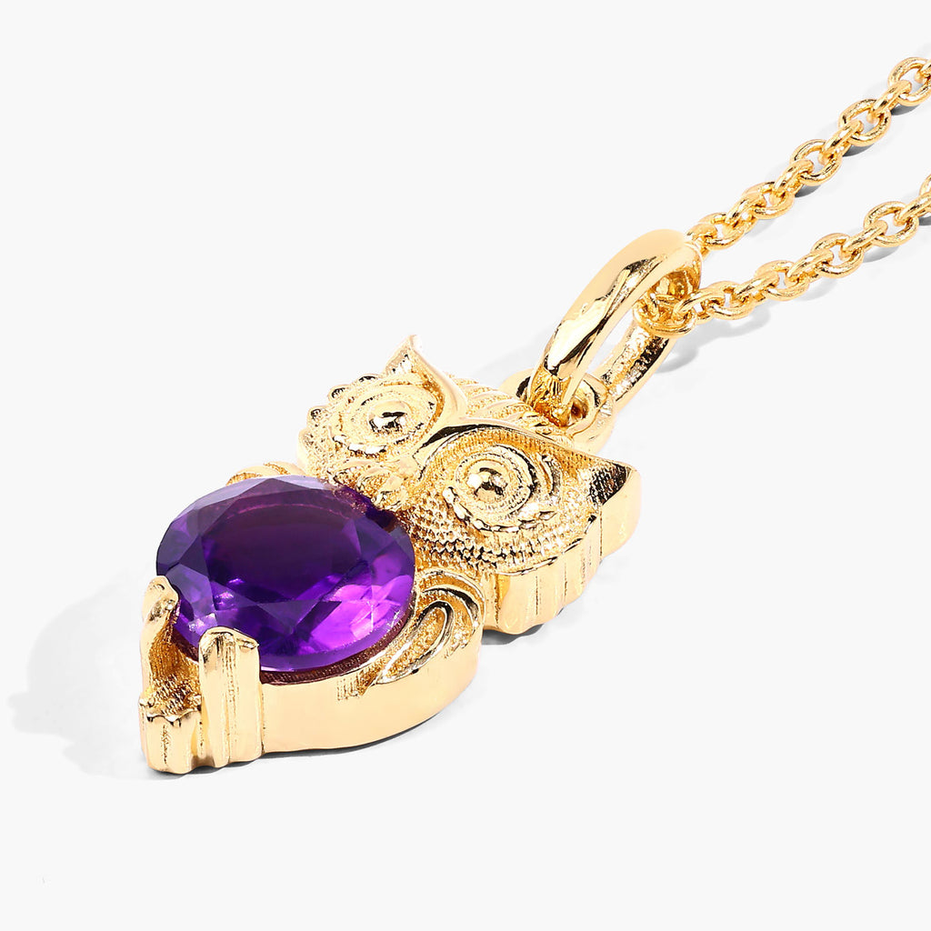 Amethyst Owl Pendant 0.72 Carats Gold Plated Silver