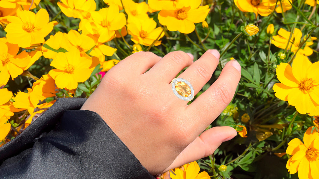 Natural Citrine Ring With Diamonds 4.58 Carats 14K Yellow Gold Plated Silver