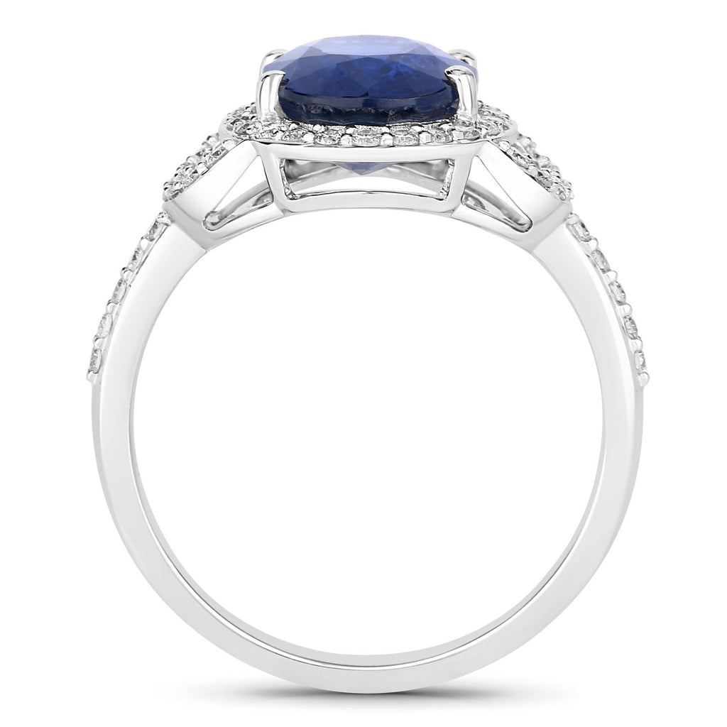 Blue Sapphire Ring With Diamonds 2.96 Carats 18K White Gold