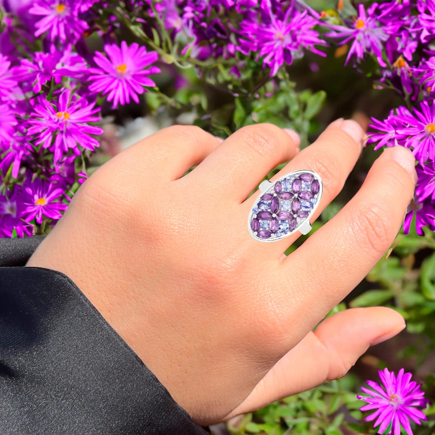 Amethyst Cluster Ring Tanzanites Topazes 3.1 Carats Sterling Silver