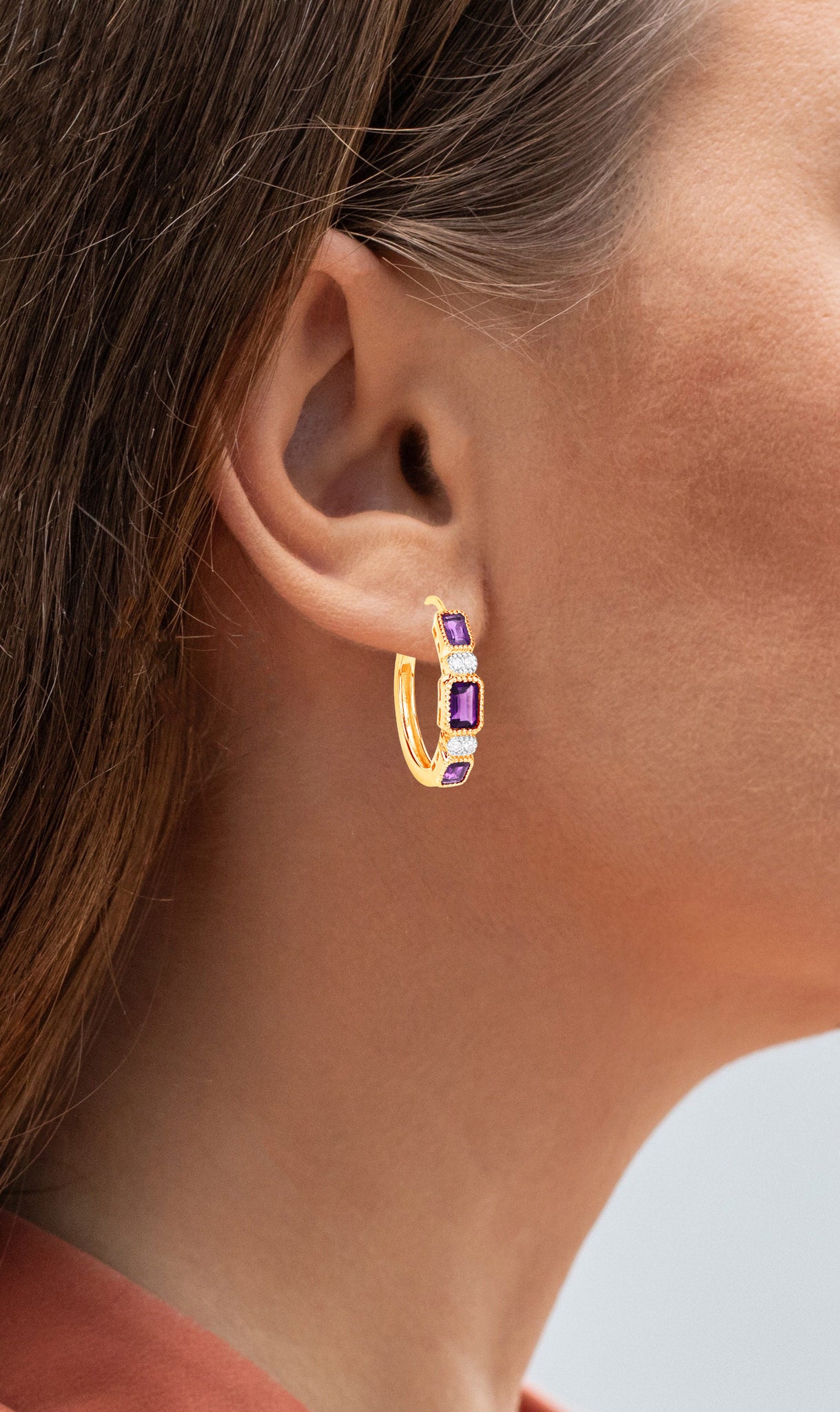 Amethyst Hoop Earrings With White Topaz 2.12 Carats Gold Plated Silver