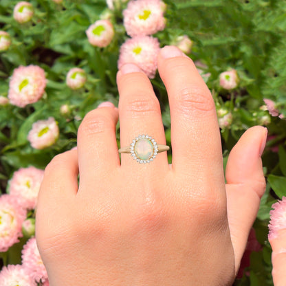 Natural Ethiopian Opal Ring With Diamonds 1.22 Carats 9K Yellow Gold