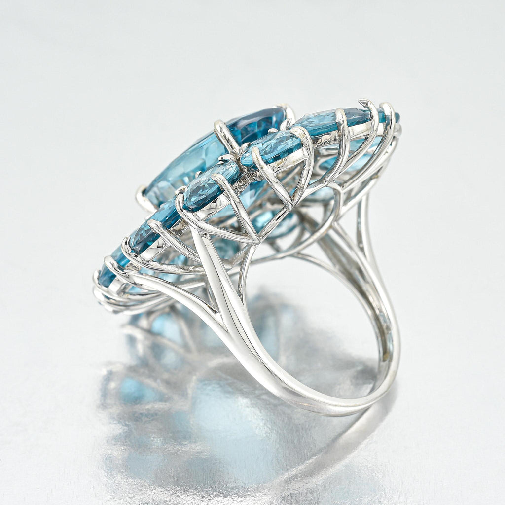 Blue Zircon Cocktail Ring Diamond Halo 30 Carats 14K Gold