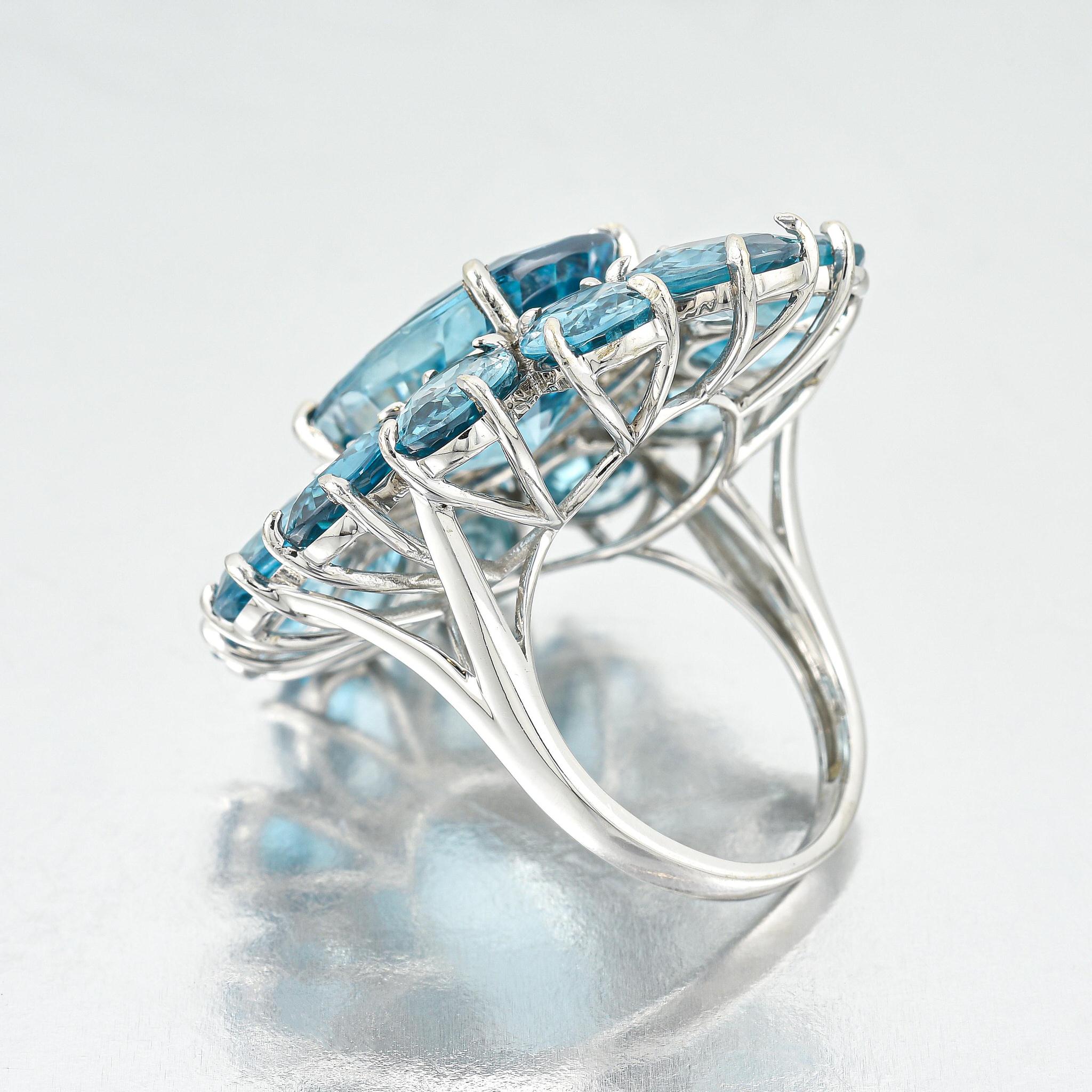 Blue Zircon Cocktail Ring Diamond Halo 30 Carats 14K Gold