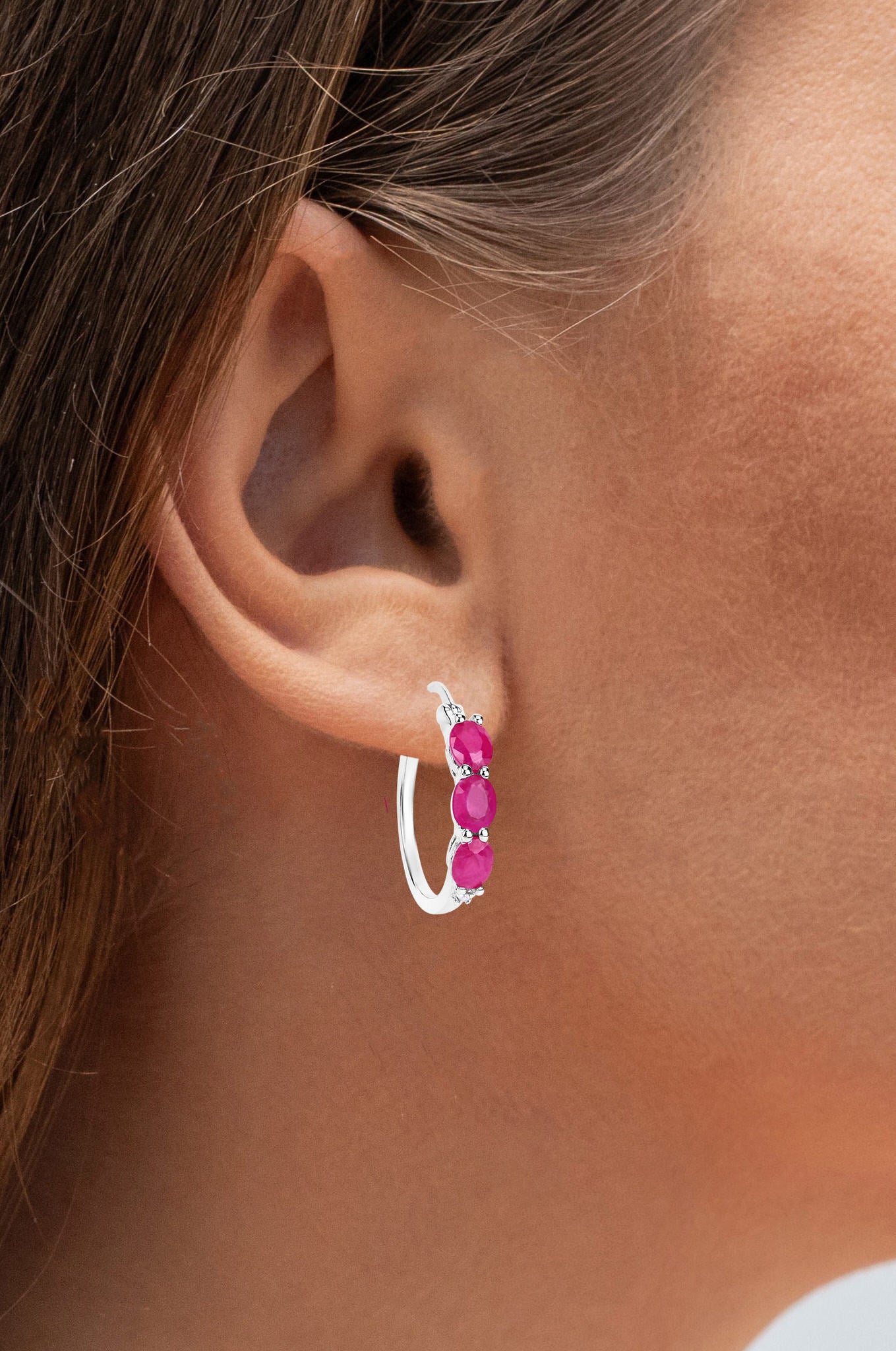 Natural Ruby Hoop Earrings With Diamonds 1.79 Carats Sterling Silver