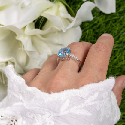 Blue Topaz Ring With White Topaz 4.58 Carats Sterling Silver