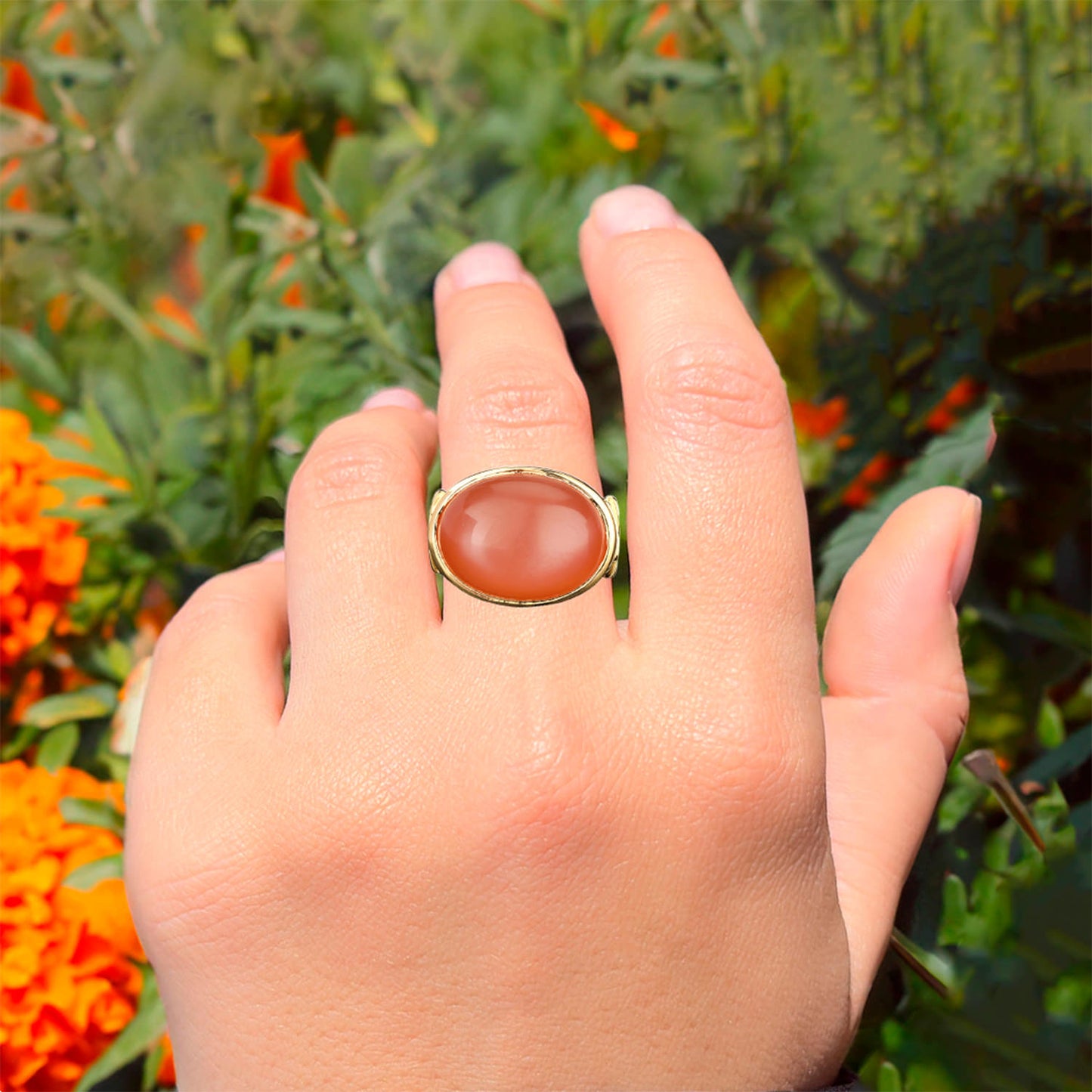 Peach Moonstone Ring 9.5 Carats Gold Plated Silver