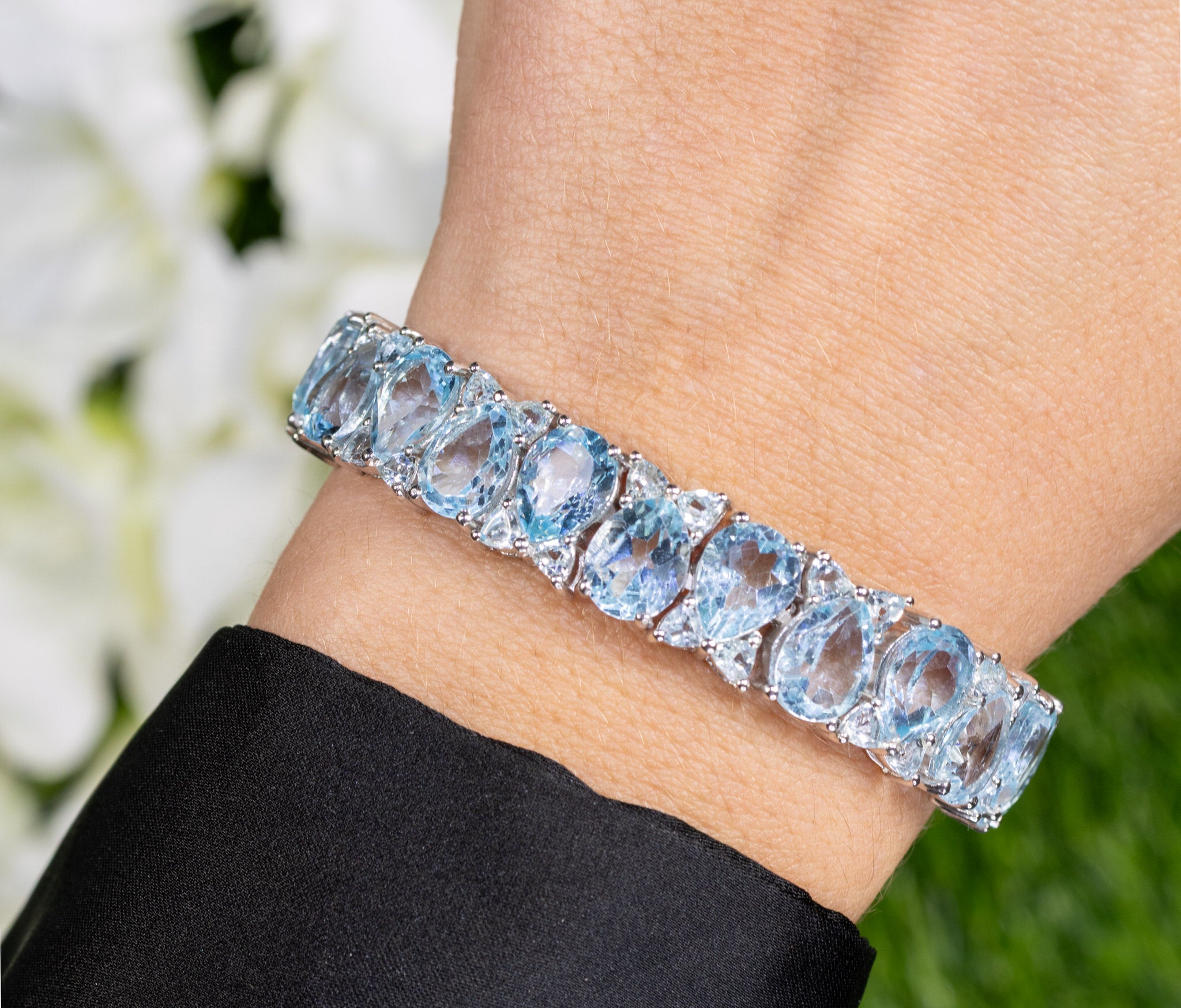 Blue Topaz Tennis Bracelet 58 Carats Rhodium Plated Sterling Silver