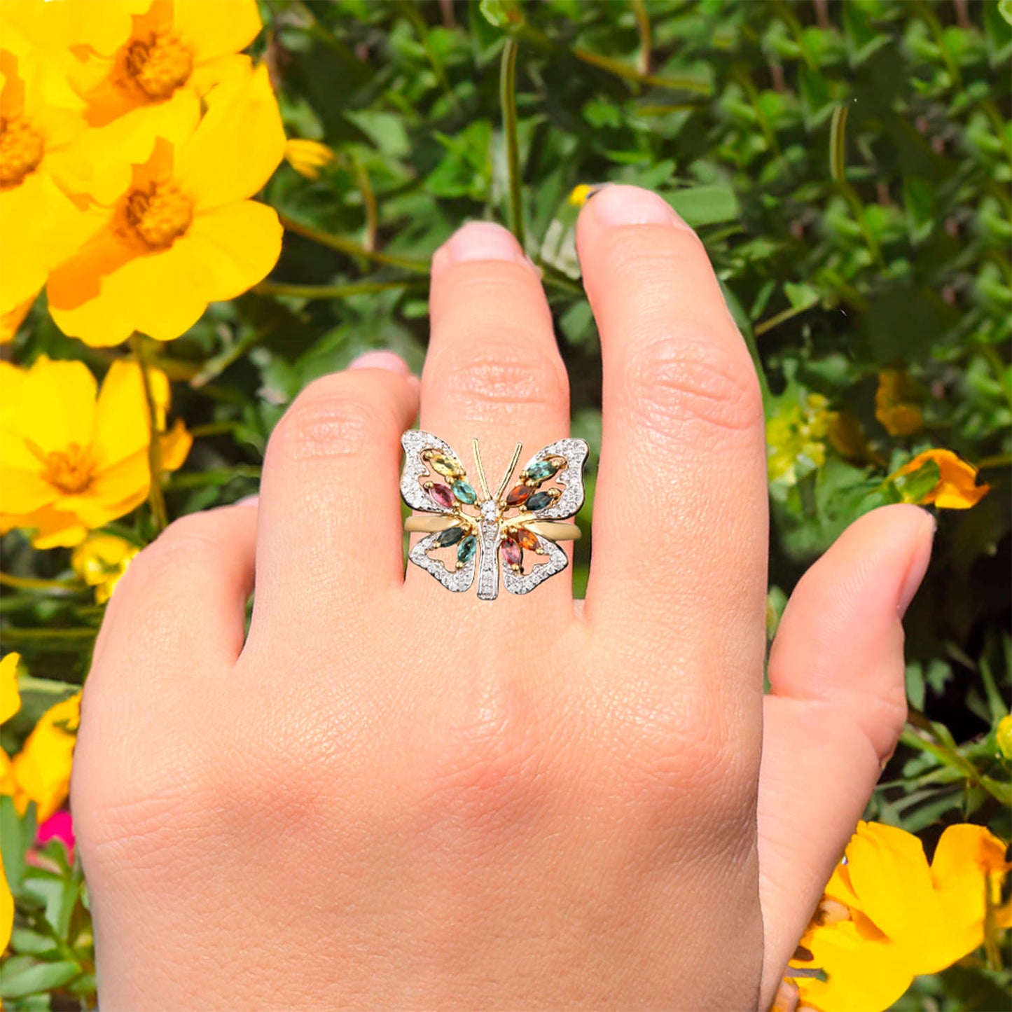 Natural Multicolor Tourmaline Butterfly Ring 1.39 Carats Gold Plated Silver
