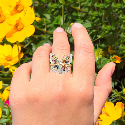 Natural Multicolor Tourmaline Butterfly Ring 1.39 Carats Gold Plated Silver