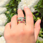 Natural Mixed Gemstones Ring 3.23 Carats Gold Plated Silver