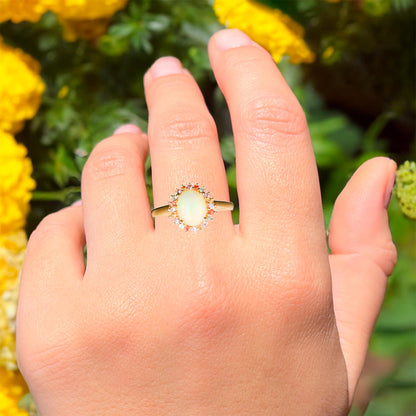 Opal Ring With Mixed Sapphire Halo 2.25 Carats Gold Plated Silver