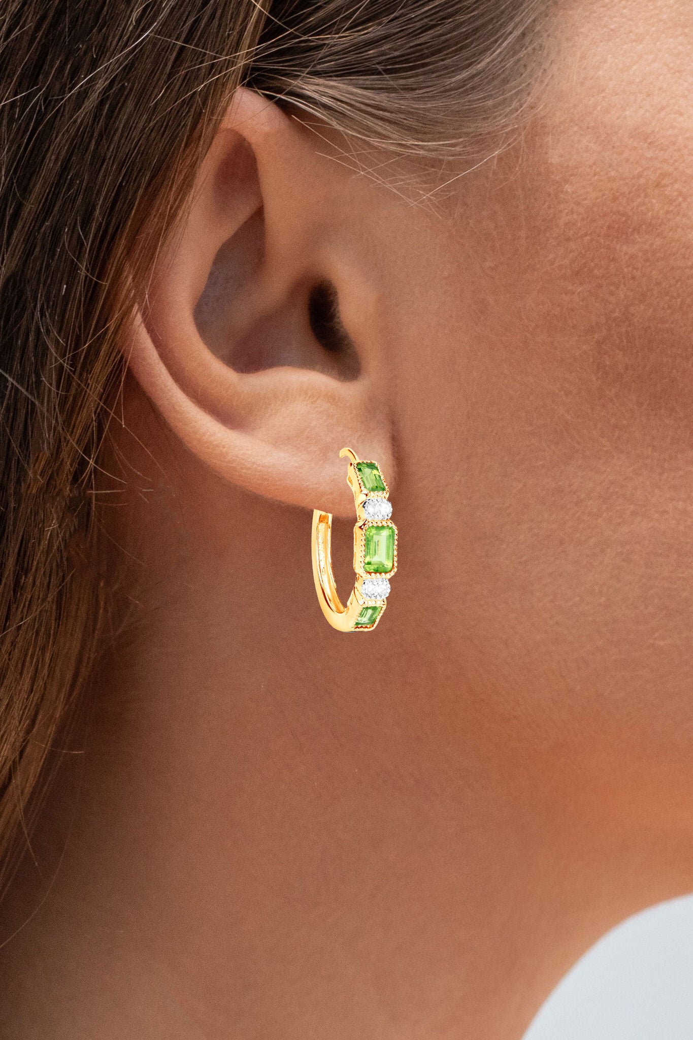 Natural Peridot Hoop Earrings White Topaz 2.44 Carats 14K Gold Plated Silver